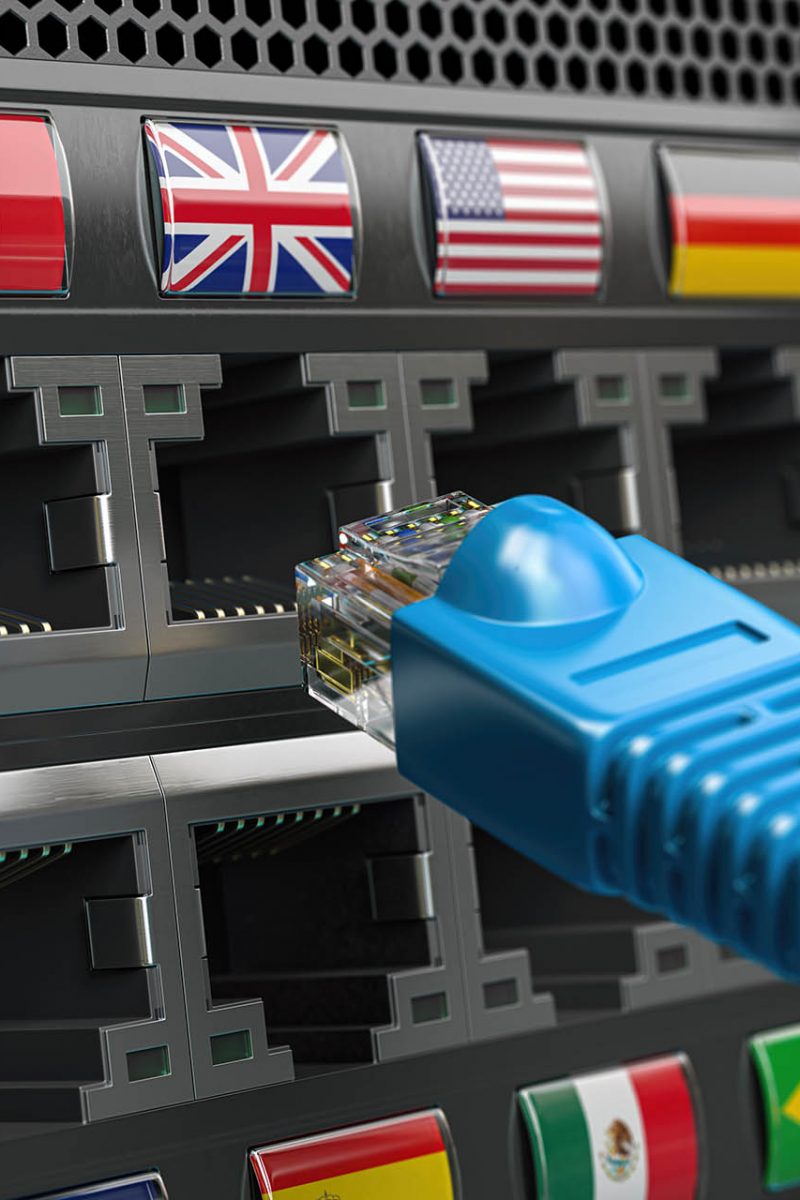 VPN virtual private network conncetion concept. Lan cable and a router with different flags. 3d illustration